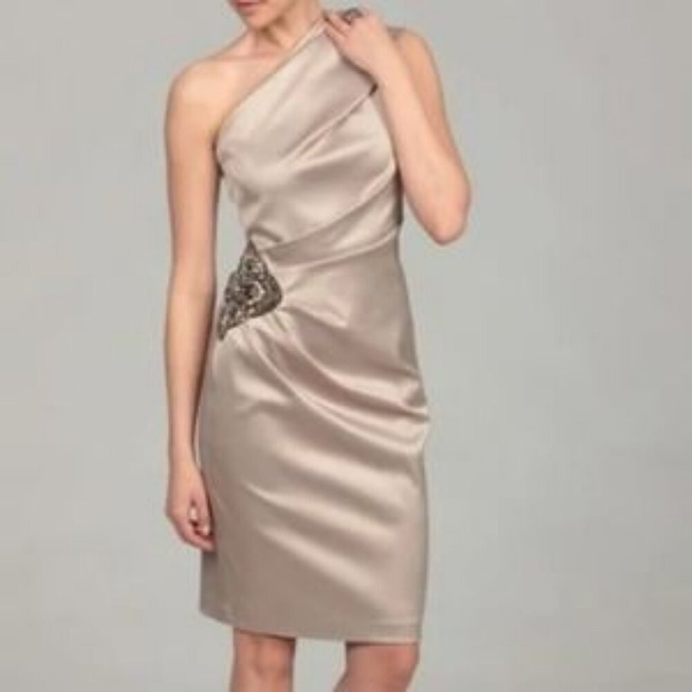 Eliza J Champagne Gold One Shoulder Beige Sheath Cocktail Party Dress Size 8